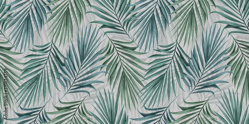 Tropical exotic seamless pattern with blue and green color palm leaves. Hand-drawn vintage illustration, background and texture. Good for production wallpapers, cloth, fabric printing, goods.