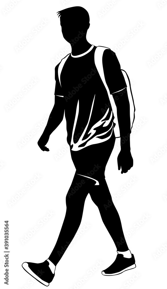 Silhouette of a young man walking in summer clothes with a backpack behind his back Silhouette of a young man walking in summer clothes with a backpack behind his back