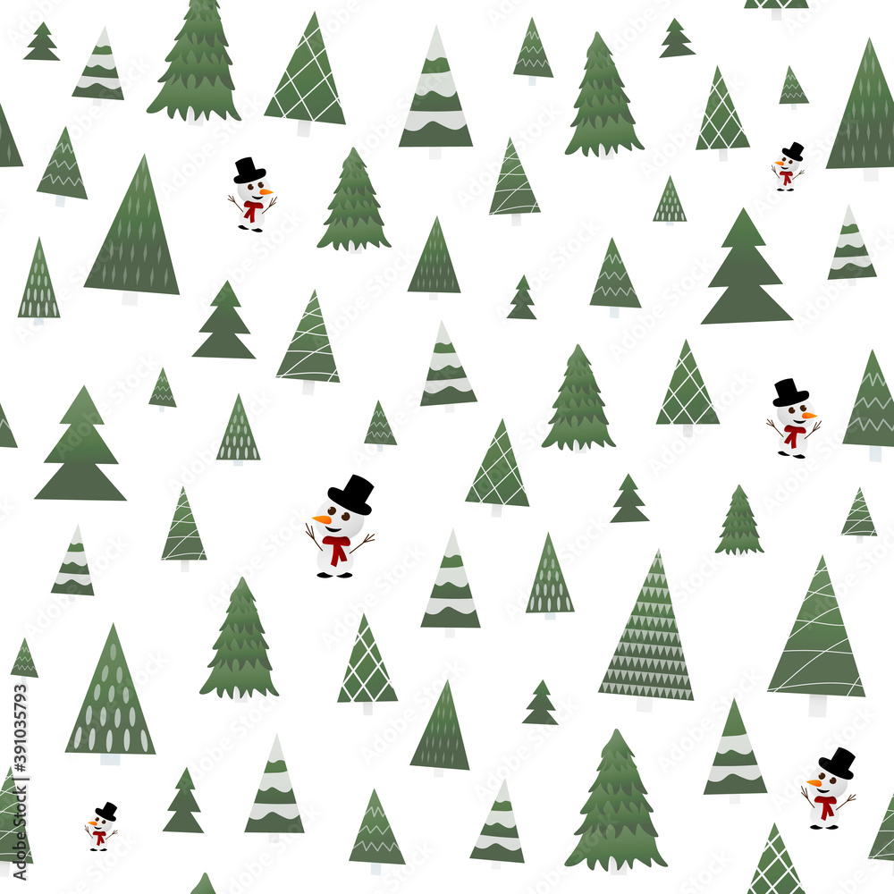 Obraz premium Christmas trees and snowman seamless pattern in differennt styles for wrapping paper, wallpaper or textile, winter holidays characters