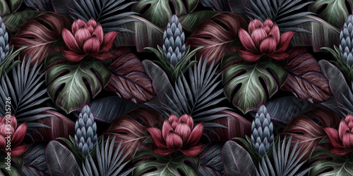 Tropical exotic seamless pattern with red flower, bromeliad, monstera, banana leaves, palm, colocasia. Hand-drawn 3D illustration. Good for production wallpapers, cloth, fabric printing, goods.