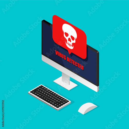 3d monitor and virus warning on it. Hacking mail or computer in a trendy isometric style. Skull icon on a display. Getting a pirated or infected letter. Isolated.	