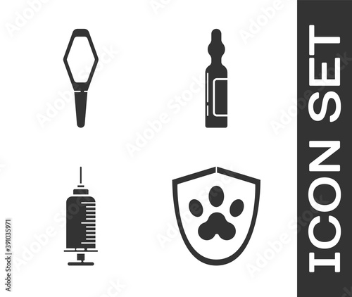 Set Animal health insurance, Pets vial medical, Syringe with pet vaccine and Pets vial medical icon. Vector.