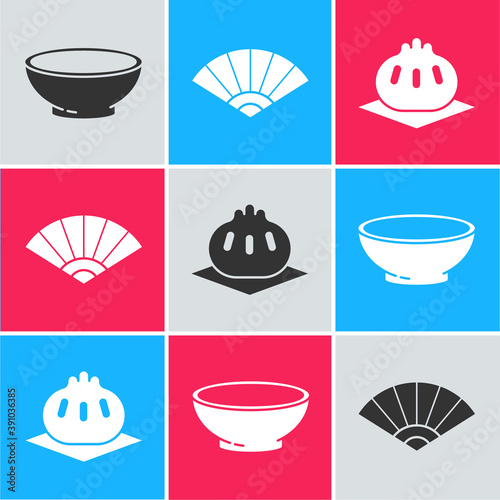 Set Bowl of hot soup, Paper chinese or japanese folding fan and Khinkali on cutting board icon. Vector.
