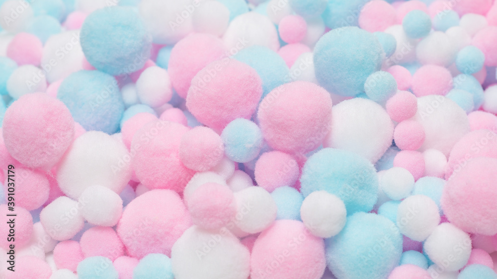 White, pink and blue soft pompons. White, pink and blue soft pompons.