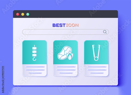 Set Grilled steak meat and fire flame, Grilled shish kebab on skewer stick and Meat tongs icon. Vector.