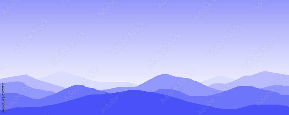 Vector illustration of beautiful panoramic view. Mountains in fog with forest, morning mountain background, landscape.