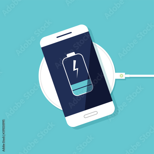 Wireless charging of the smartphone battery. Device concept. Top view. Vector illustration. The progress of charging the battery of the phone.