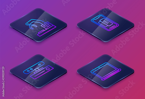 Set Isometric line Robotic robot arm hand factory, Motion sensor, Smartphone, mobile phone and Laptop. Blue square button. Vector.