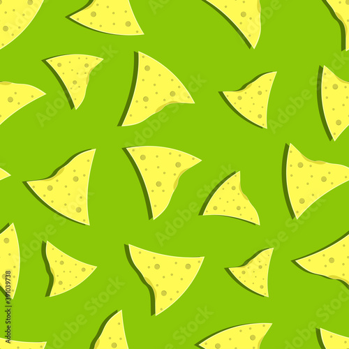 Seamless pattern with tortilla or nacho chips for snack. Mexican corn chips nachos on green background. vector illustration.