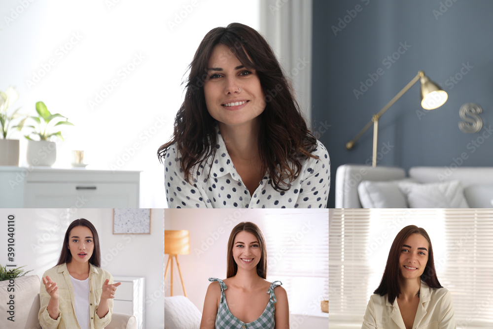 Coworkers using video chat to work remotely. People on display, views through camera Coworkers using video chat to work remotely. People on display, views through camera