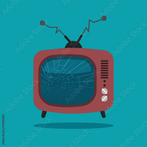 Cracked screen retro tv. Broken cartoon television with bent antenna isolated on blue background.