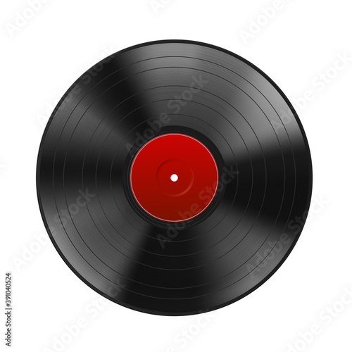 Realistic black vinyl record with red label isolated on white background. Blank mock up. Highly detailed. Vector illustration