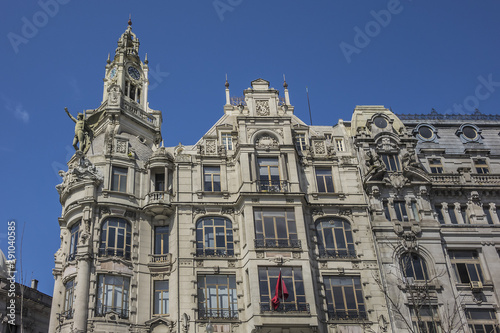 Architectural fragments of "A Nacional" building – old Building of Insurance Company at the Liberty Square (Avenida dos Aliados). Porto, Portugal.