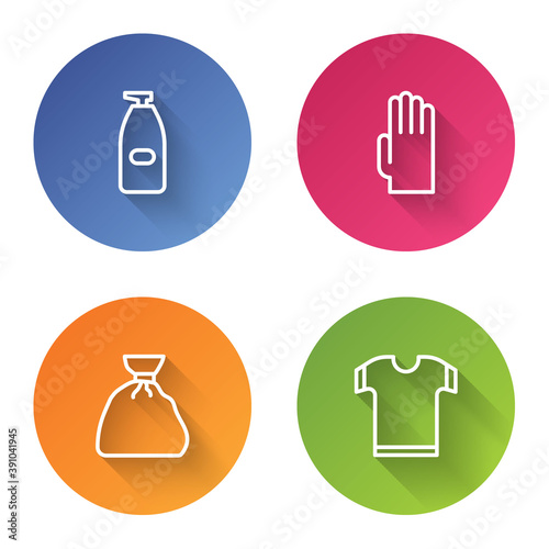 Set line Bottle of liquid antibacterial soap, Rubber gloves, Garbage bag and T-shirt. Color circle button. Vector.