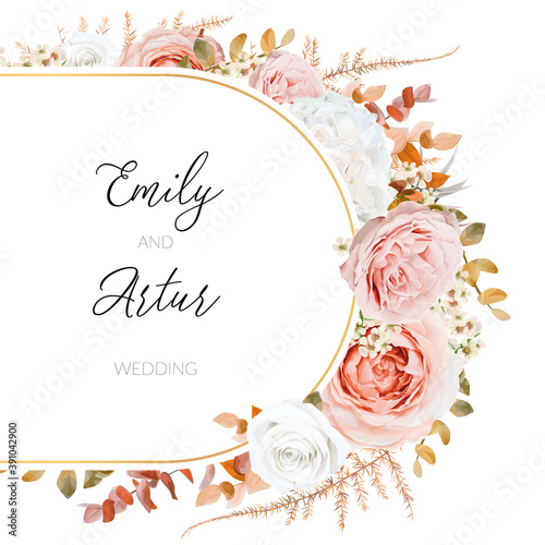 Vector floral autumn winter wedding invite card design. Lush fall leaves, blush peach, pink and ivory rose garden flowers bouquet decorative watercolor style frame. Stylish, delicate editable template