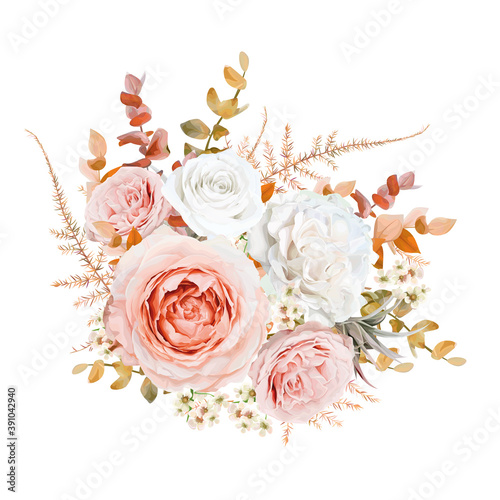 Bright vector floral bouquet design. Blush peach, pale pink Rose, ivory white wax flowers, golden brown, orange red fall Eucalyptus, ruscus, fern leaves elegant editable isolated cute designer element