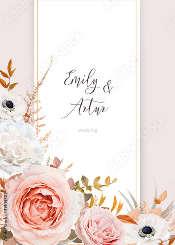 Stylish vector wedding invite, invitation card design. Bouquet  frame, border of blush peach ivory rose flowers, white anemone, lush fall eucalyptus, golden fern leaves on tender dusty pink background