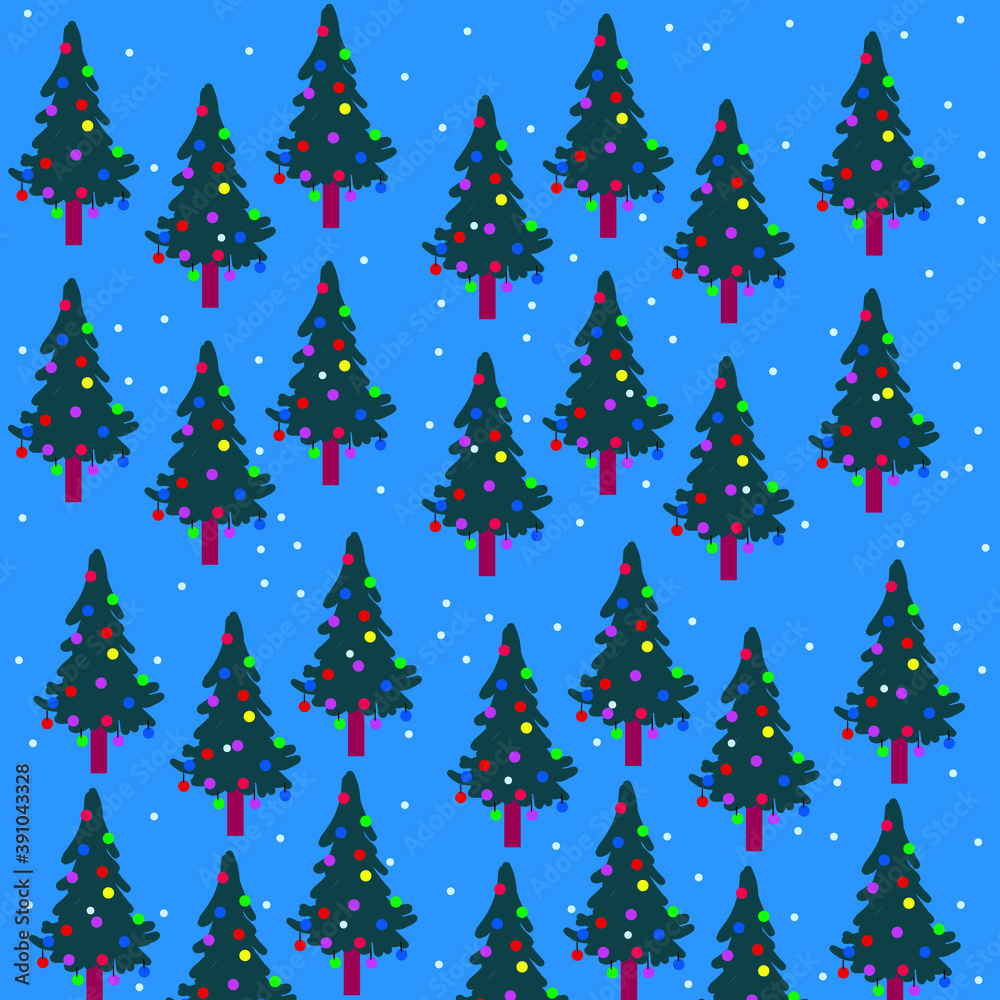 The Christmas gift background consists of a cluster of Christmas trees and snow decorated with balls.
