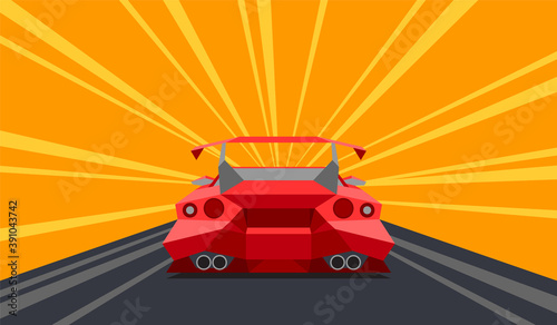 Supercar rear perspective view on a race track. Comic flat design. Vector illustration.