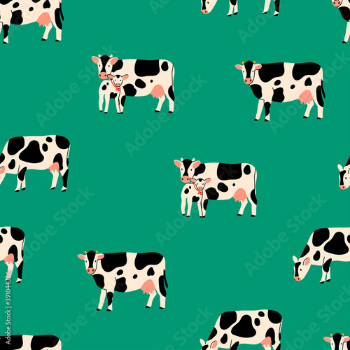 Cows and Calf standing and looking. Cute animals. Hand drawn trendy Vector illustration. Funny characters. Cartoon style. Flat design. Colorful square Seamless Pattern. Background, Wallpaper