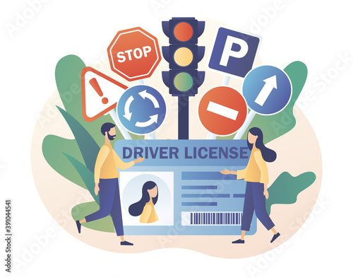 Driver license. Traffic rules. Road signs. Education and drive lesson. Tiny people studying in driving school and passing exams. Modern flat cartoon style. Vector illustration on white background