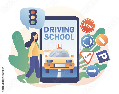 Driving school. Driver license. Tiny girl studying in drive lesson and passing exams online use smartphone. Traffic rules. Road signs.Modern flat cartoon style. Vector illustration on white background