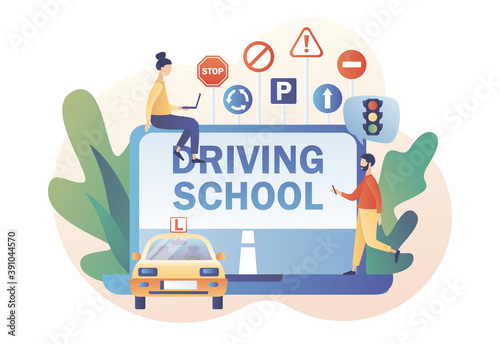 Driving school. Driver license. Tiny people studying in drive lesson and passing exams online use laptop. Traffic rules. Road signs. Modern flat cartoon style. Vector illustration on white background	