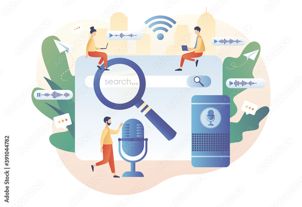 Voice assistant concept. Voice search, controlled, activated digital assistants, voice identification. Tiny people user with voice controlled smart speaker. Modern flat cartoon style. Vector Voice assistant concept. Voice search, controlled, activated digital assistants, voice identification. Tiny people user with voice controlled smart speaker. Modern flat cartoon style. Vector