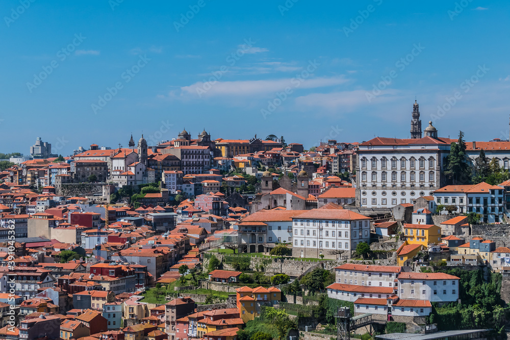 Overview of Old Town of Porto with traditional multicolor houses. Porto, Portugal.
