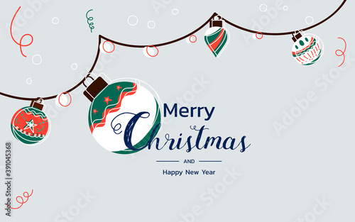 Christmas background with hanging Christmas ornaments.