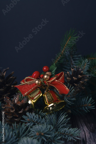 Christmas background with bells and cones on christmas tree branch 