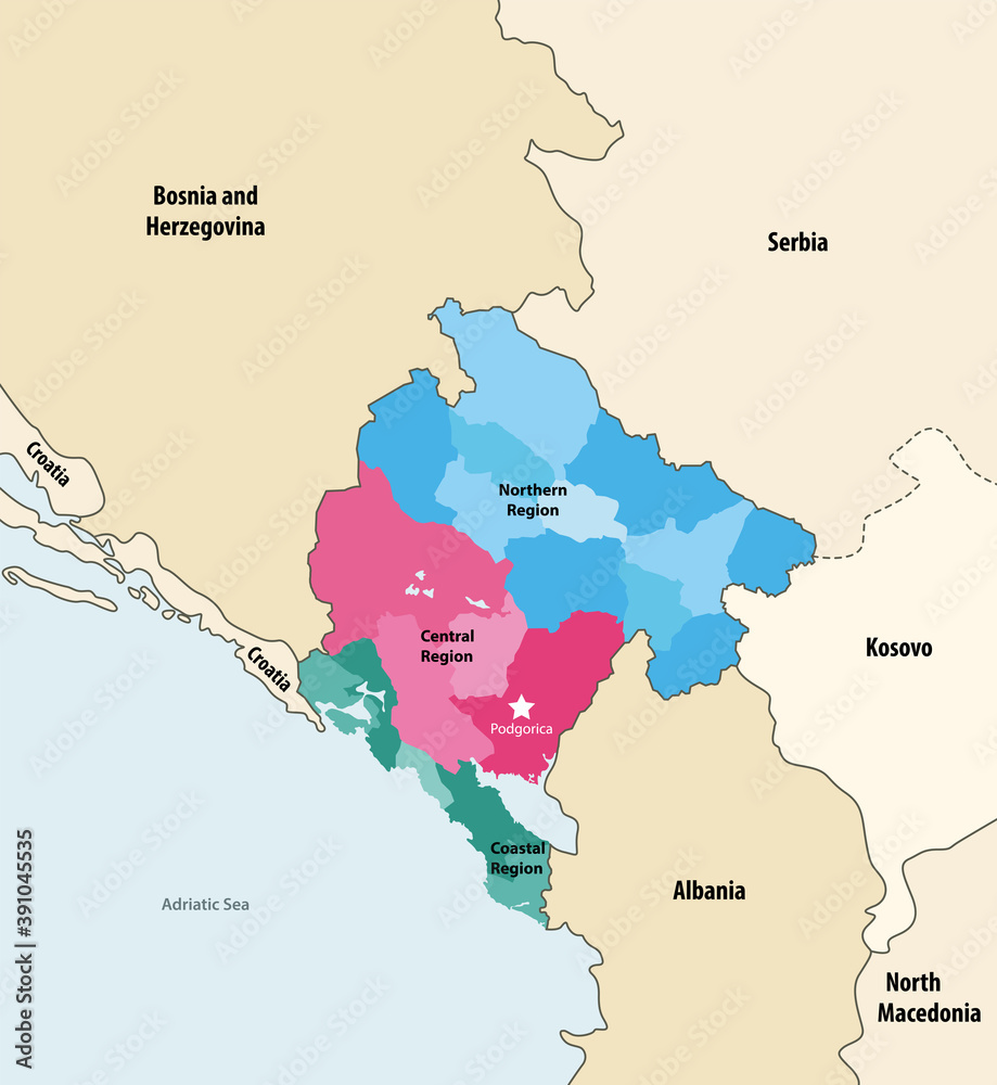 Montenegro municipalities vector map colored by regions with neighbouring countries and territories