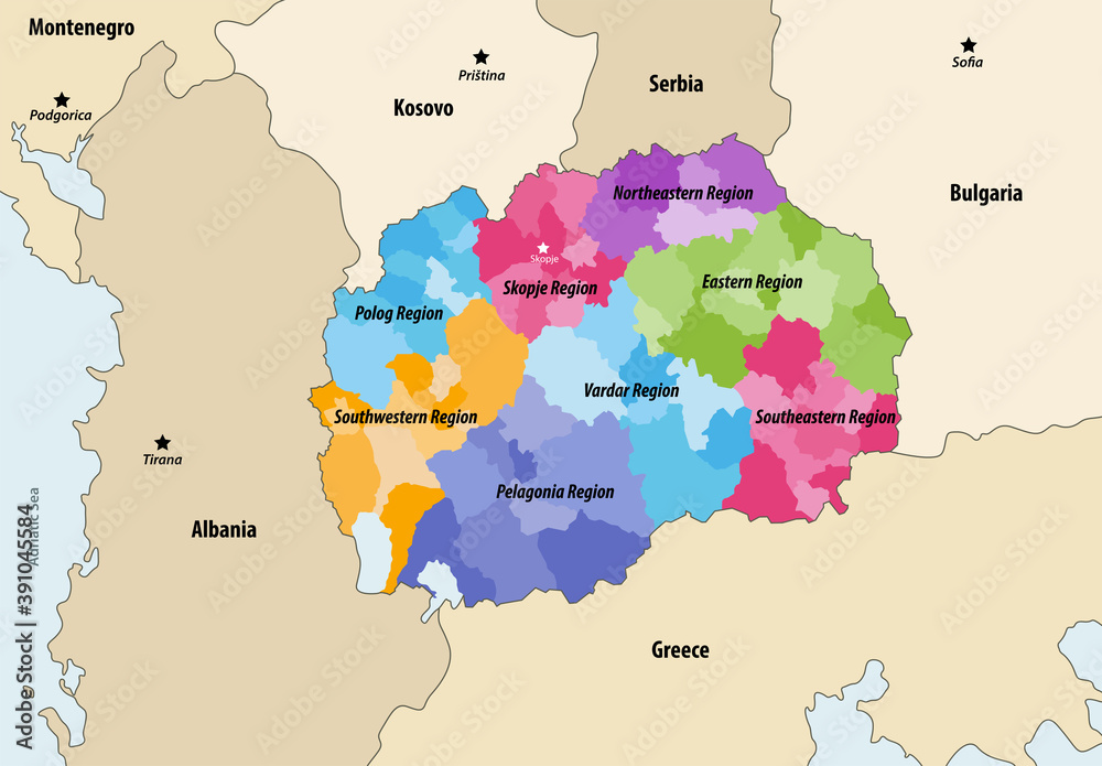 North Macedonia municipalities colored by regions with neighbouring countries and territories vector map