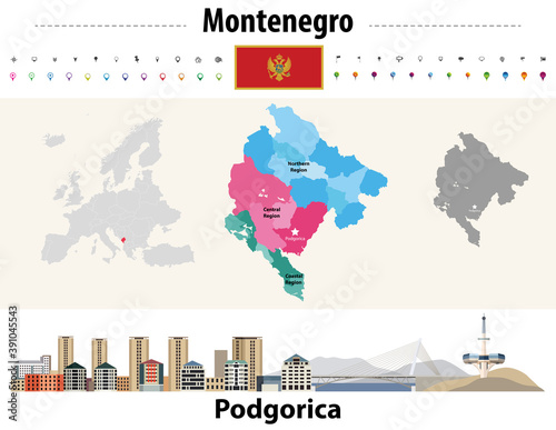 Montenegro administrative divisions map. Flag of Montenegro. Podgorica cityscape. Vector illustration