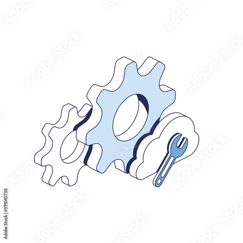 Gears settings cog cloud wrench. Vector 3d line isometric, color web icons, new flat style. Creative illustration, idea for infographics.