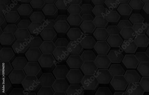 Abstract black hexagon background; dark honeycomb pattern; close up of hex geometric structure; perspective view; 3d rendering, 3d illustration 