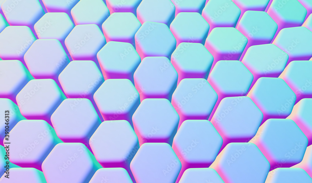 Abstract gradient blue, pink and violet hexagon background; pastel color hex background; simple geometric structure; perspective view; 3d rendering, 3d illustration Abstract gradient blue, pink and violet hexagon background; pastel color hex background; simple geometric structure; perspective view; 3d rendering, 3d illustration