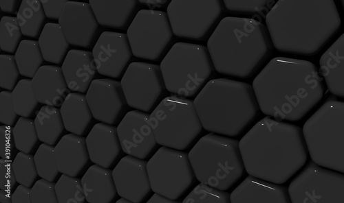 Abstract black hexagon background; dark honeycomb pattern; close up of hex geometric structure; perspective view; 3d rendering, 3d illustration 