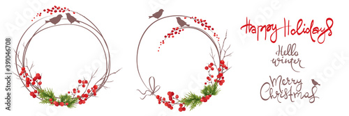 Winter frames, christmas backgrounds. Set vector design elements and holiday calligraphy. Fir branches, birds and red berries.