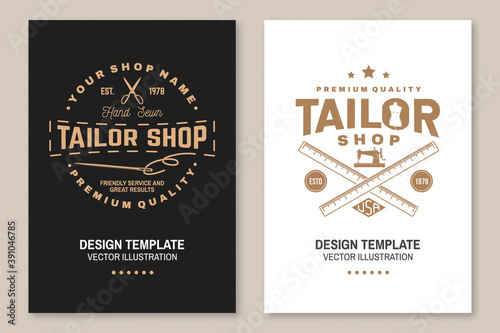 Set of tailor shop covers, invitations, posters, banners, flyers, placards. Vector illustration Template design for branding, advertising for sewing shop business