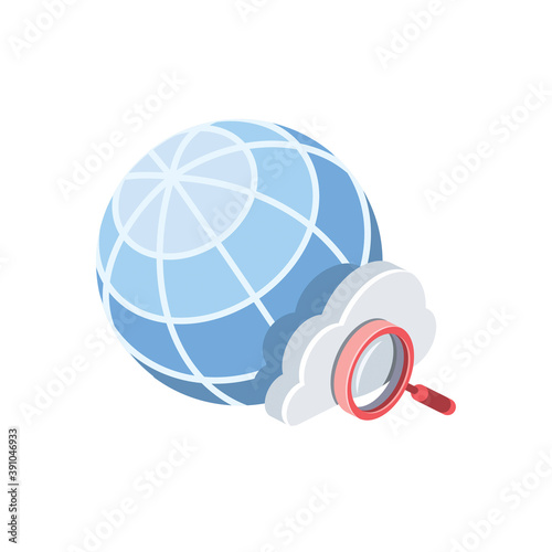 Global cloud search. Vector 3d isometric, color web icons set, new flat style. Creative illustration, idea for infographics.