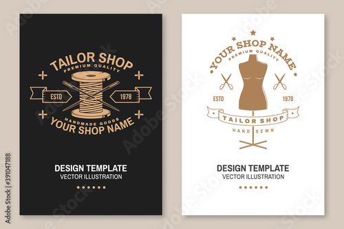 Set of tailor shop covers, invitations, posters, banners, flyers, placards. Vector illustration Template design for branding, advertising for sewing shop business