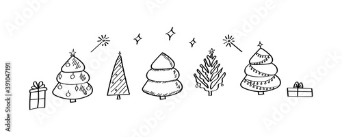 Hand-drawn set of Christmas trees with gifts  garlands  Christmas balls  sparklers. Sketch style doodle. Christmas design. Vector illustration isolated on a white background