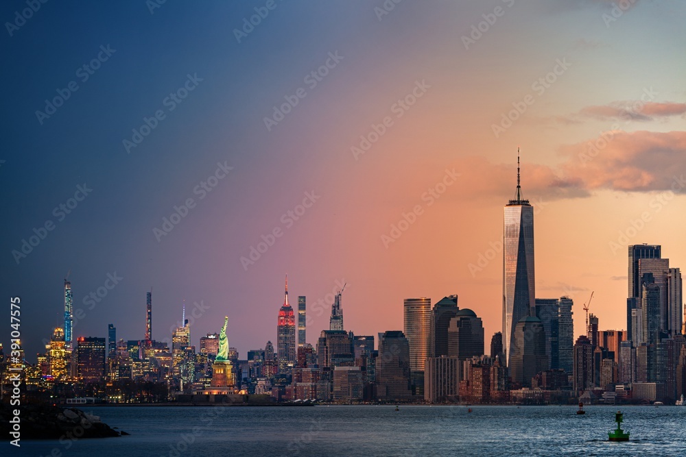 New York City downtown skyline day and night