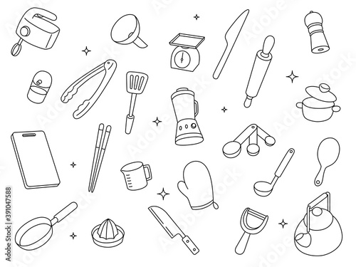 日用品　イラスト　やかん　菜箸　手袋　トング　包丁　泡立て機　ペッパーミル　麺棒　計量器　まな板等