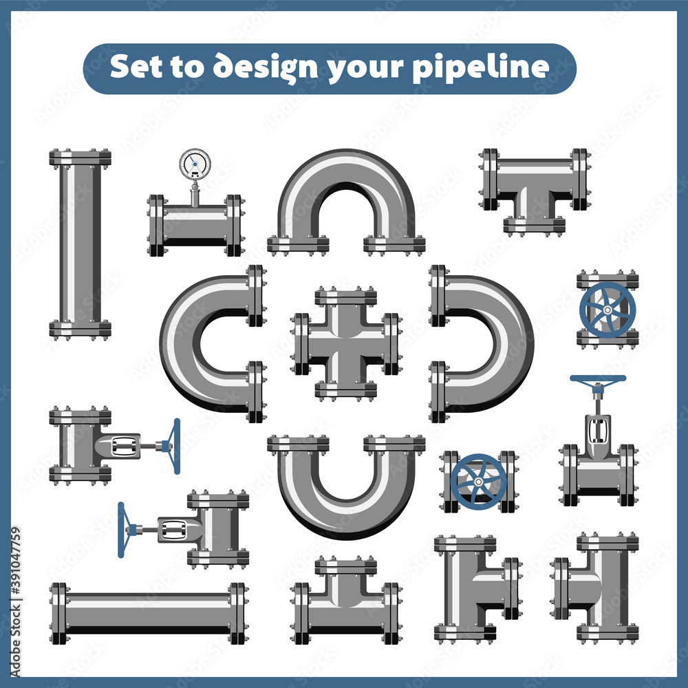 A set for creating a pipeline. Vector illustrations in flat style isolated on a white background.