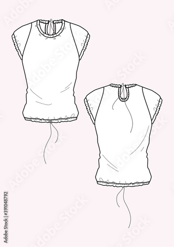 T-shirt donna con coulisse disegno piatto sketch fashion illustration fronte e retro mock up vetttoriale