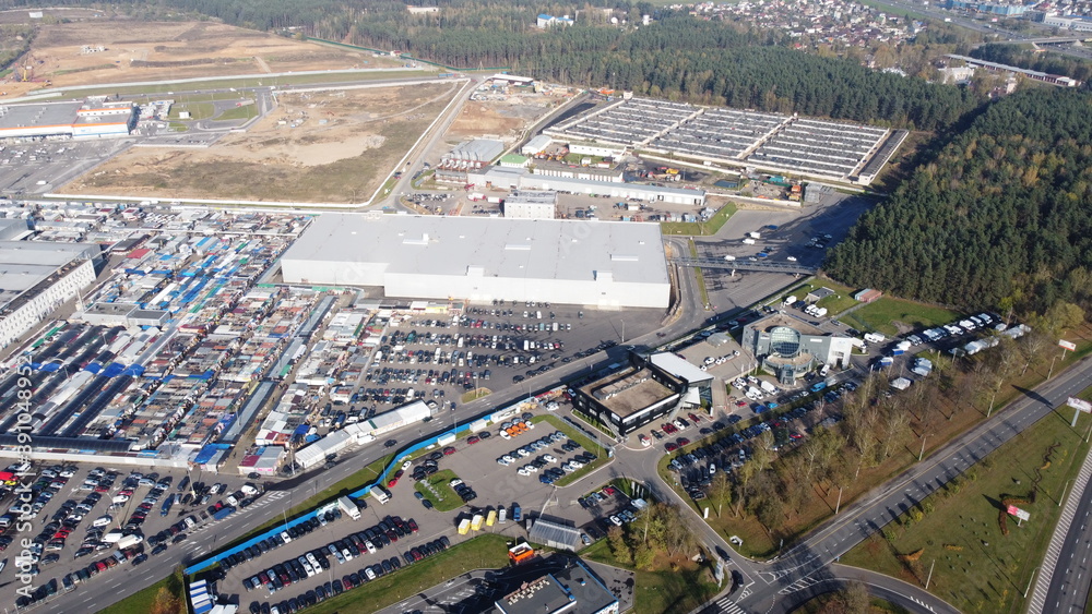Top view of a huge parking lot near the shopping center
