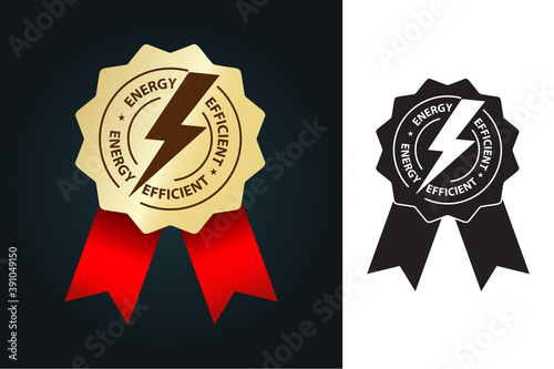 energy efficient icon in golden badge with red ribbon vector illustration