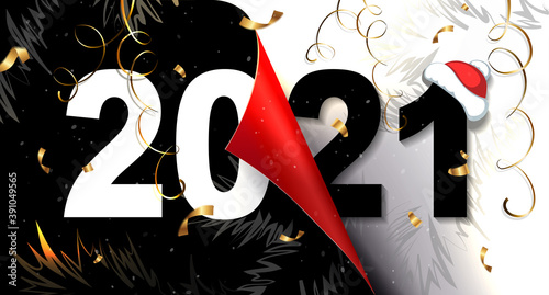 Christmas composition happy new year 2021, abstract ribbons and tinsel in gold color, silhouette of new year pine branch